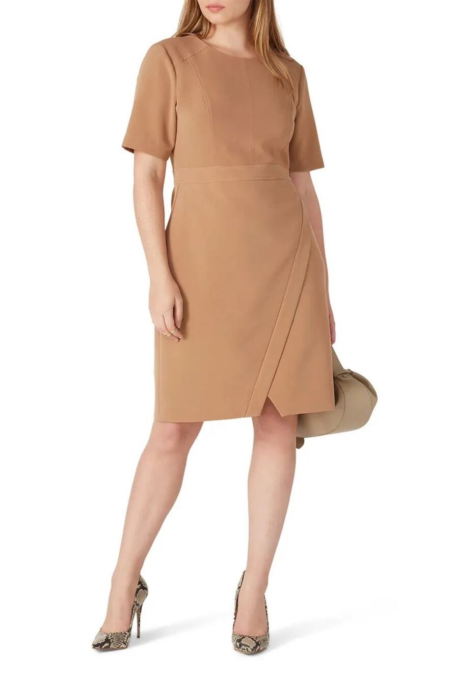 Toccin Plus Size 22 Tan Short Sleeve Envelope Wrap Knee Length Sheath Dress